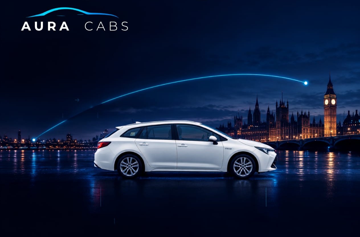 White Toyota Corolla Sports Estate against the London skyline at night